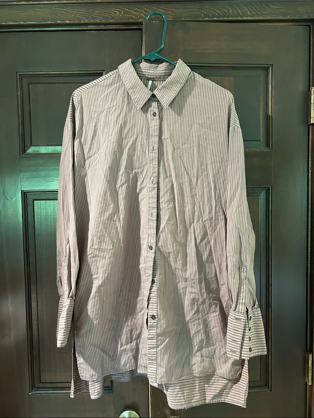 Free People Button-Down Shirt in Light Gray and Pink Pinstripes